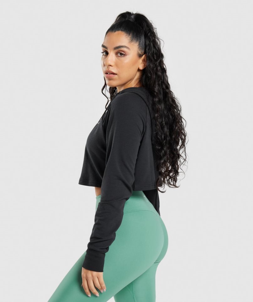 Bluzy Z Kapturem Gymshark Treningowe Cropped Damskie Czarne | PL 836AOY